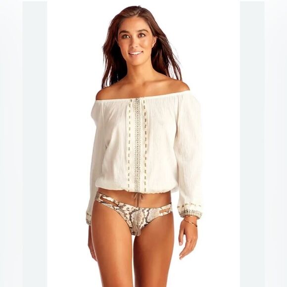 Vitamin A White Off-Shoulder Top gauzy blouse lace trim size small boho beach - Picture 1 of 5
